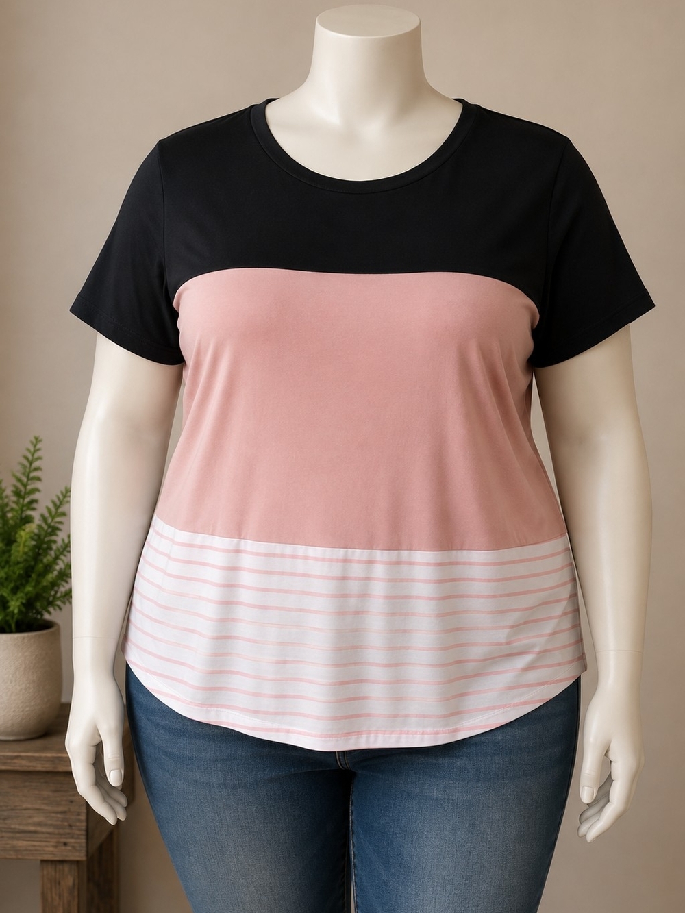 Women’s Colorblock Short Sleeve Top in Black and Blush